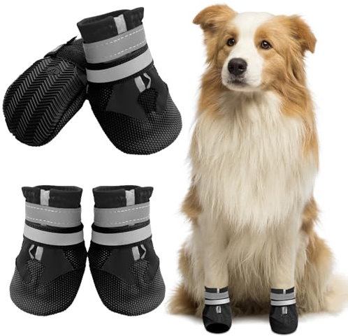 Muecleao Hundeschuhe Pfotenschutz, 4 Stück Wasserdicht Anti-Rutsch Hundestiefel mit Rutschfester Sohle und reflektierendem Klettverschluss, Schuhe für kleine, Mittlere und Große Hunde (Schwarz, XXL)