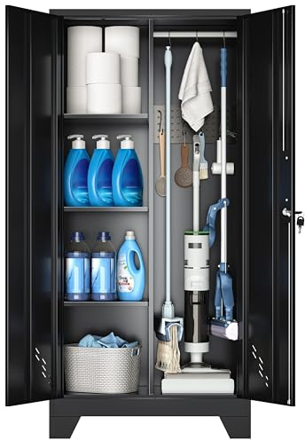 VASAAOSD 61 Broom Closet Storage Cabinet, Metal Storage Cabinet with Doors, Utility Cabinets for Brooms and Mops, Cleaning Tool Cabinets for Garage, Laundry Room, Bathroom