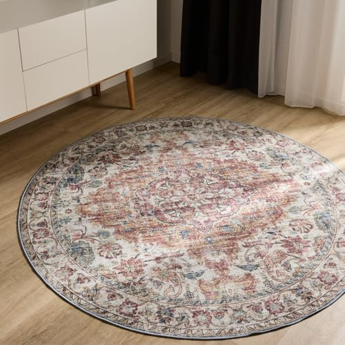 benuta Basic Waschbarer Teppich George - Multicolor 120 cm rund - Kunstfaser - rund & im Style: Vintage, Elegant, Retro - Pflegeleicht für Wohnzimmer Schlafzimmer