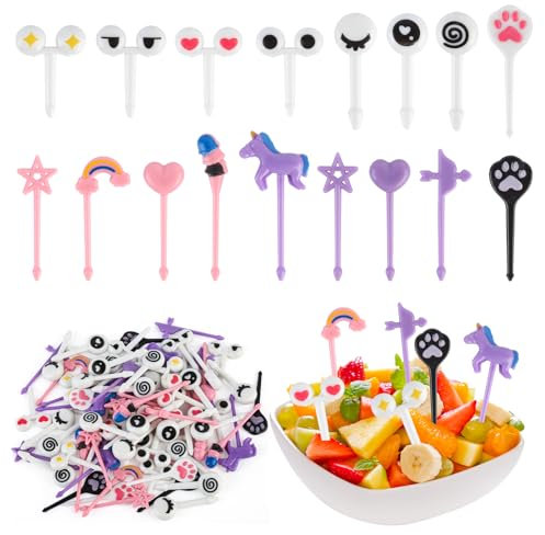 Kayqbonke 72 Stück Cartoon Obstgabeln Kinder aus Kunststoff, 15 Typologie Mini Obstspieße Kinder, Bento Box Zubehör Picks Obst Gabeln Wiederverwendbar für Lunch-Box Party Nachmittagstee