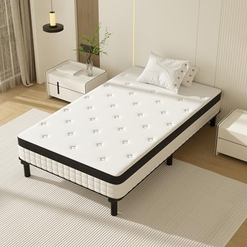 DEWINNER Ensemble Matelas et Sommier 90x200cm, Matelas à Ressorts ensachés et Robuste Cadre de lit en Fer avec 6 Pieds, Lit Complet, épaisseur 18cm,Haute densité, Maintien Parfait
