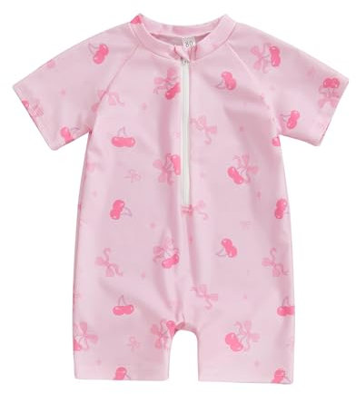 RUIWANBBY Baby Girl One Piece Swimming Costume Rash Guard Swimwear Short Sleeve Zipper Swimsuit Sun Protection Bathing Suit (Pink, 2-3 Years)