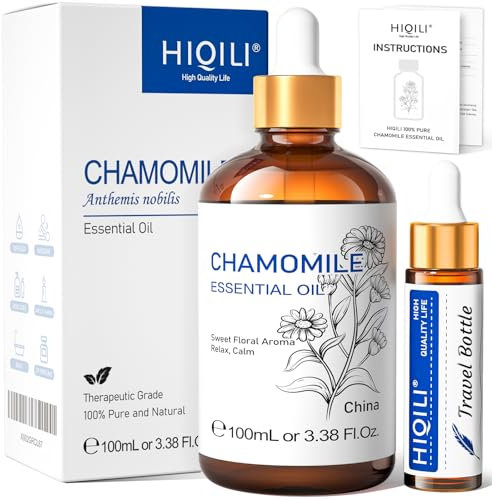 HIQILI Kamillenöl 100ml, 100% Reines Kamille Ätherisches Öl, Ätherisches Aromatherapieöl, Duftöle für Diffuser, Gesicht, Haut, Entspannung, Seifen, Bad