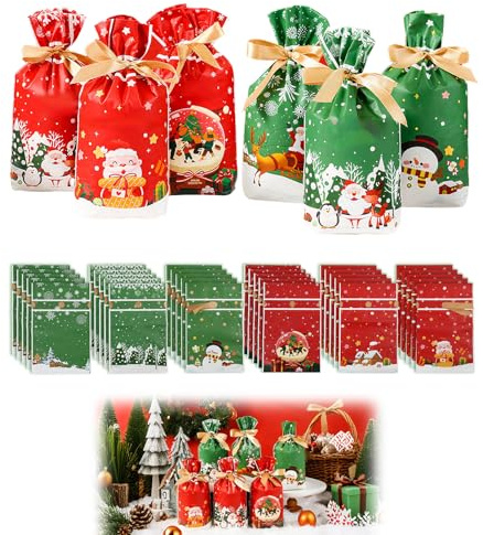 30 Weihnachtsgeschenkbeutel mit Kordelzug 5 verschiedene festliche Designs Perfekte Partytüten für Kekse, Süßigkeiten und Mitgebsel für Kinder und Erwachsene für alle Feierlichkeiten im Winter