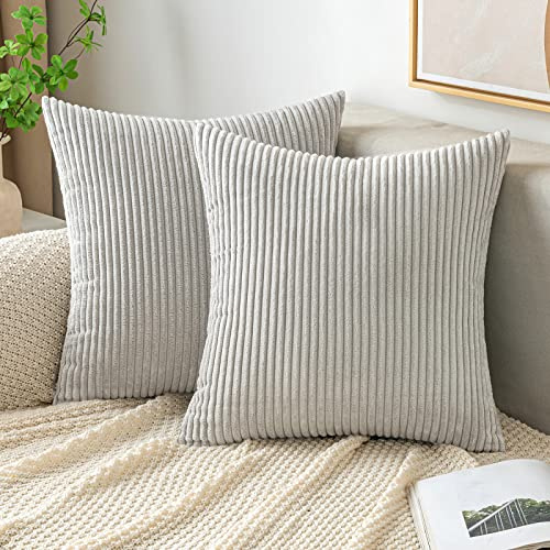 EMEMA Kissenbezug 60x60 cm Kordsamt Kissenbezüge Dekokissen Sofakissen Cord Kissenhülle Zierkissenbezug Kord Dekorative Weiche für Sofa Wohnzimmer Schlafzimmer 2er Set Hellgrau