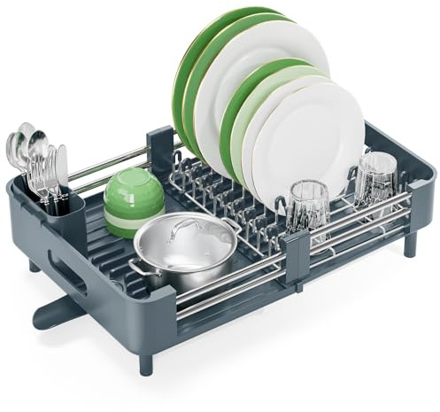 KINGRACK Extendable Dish Drainer Rack, Matte Green | Stainless Steel, Draining Board with Removable Cutlery Holder, for Kitchen Counter