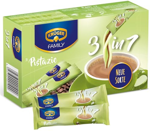 KRÜGER Family 3 in 1 Pistazie, 10 Sticks (16,9g) | Sticks mit löslichem Kaffee | Kaffeeweißer, Zucker & Pistazien-Aroma