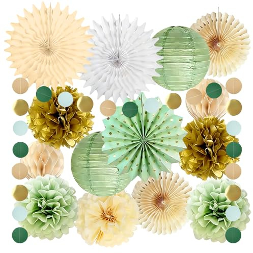 15 Piece Beige Yellow Party Decorations, Paper Pompoms Decorations, Paper Trays Pompoms Wedding Party for Festival, Carnival, Birthday Decor
