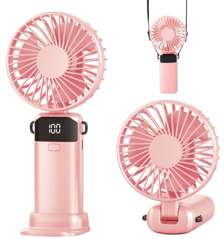 Jumkeet Handheld Fan, Mini Portable Foldable Fan with USB Rechargeable Battery 2600mAh, 5 Speeds Battery Operated Desk Desktop Fan with LED Display & Base for Home Office School Travel Outdoor (Pink)