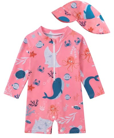 WYTbaby Baby Girl Swimsuit Sun Protection One Piece Long Sleeve Baby Swimming Costume with Snap Bottom for Toddler 2-3 Years