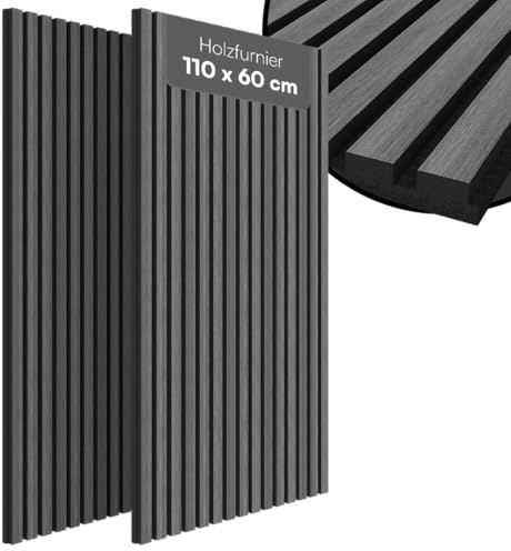 Bellamio Kilwa Akustikpaneele 110x60 cm, 2er-Set, Holzoptik Dunkelgrau, 3D | Wandpaneele, Wandverkleidung, Akustik Holzpaneele als Schallabsorber, Lamellenwand für Innen, Wall Panel mit Schallschutz