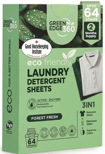 Green Edge 360 Laundry Detergent Sheets | Washing Strips | Up to 64 Loads | Plant-Based, Plastic-Free Eco-Friendly Laundry Detergent Suitable for Sensitive Skin Works in Hot & Cold Washes Forest Fresh