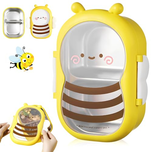Fiambrera de Acero Inoxidable, Bonito motivo de abeja Lonchera Infantil, Lunchbox con 2 Compartimentos para Niños y Adultos, Fiambrera Termica Caja Bento para Frutas para Escuela Oficina y Picnic