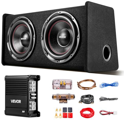 VEVOR Kit Subwoofer per Auto Sistema Audio con Cassa da 305 mm, Subwoofer Amplificatore 490 W RMS Separato Kit di Cablaggio, Pacchetto Amplificatore Gamma di Frequenza 30-200 Hz da Veicoli SUV Auto