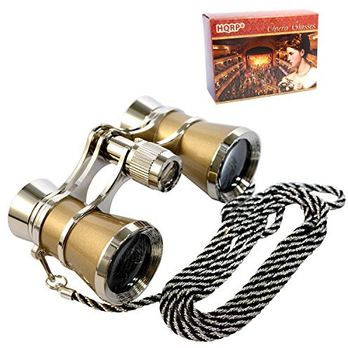 HQRP 3 x 25 Opernglas, Fernglas mit glasklarer Optik (CCO), goldfarben mit Silberrand, mit Halskette und Zentralfokus