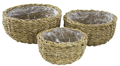 DECOLINE Seegras-Korb mit Einsatz (A) rund flach 3 Stück - 3er Set - Pflanzschale Pflanzkorb