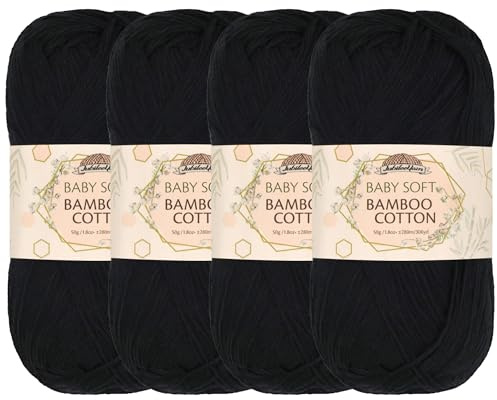 JubileeYarn Baby Soft Bamboo Cotton Yarn - 50g/Skein - Midnight Black - 4 Skeins