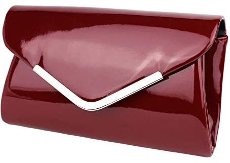 Schompi Vintage Damen Lack-Tasche Abendtasche Clutch Bag mit abnehmbarer Schulterkette Kettentasche, Farbe:Bordeaux