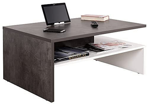 RICOO Kleiner Tisch 90 x 60 x 42 cm Holz WM080-W-BG Hell Weiß und Dunkel Betongrau Fernseher TV Wohnzimmertisch Couchtisch mit Stauraum