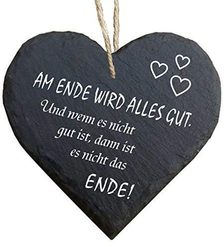 Homeyourself Herz Schieferherz Schiefer Schieferschild 10 x 10 cm Am Ende Wird Alles gut und wenn es Nicht gut dann ist es Nicht das Ende schwarz Dekoschild Wandschild Schild Stein Geschenk