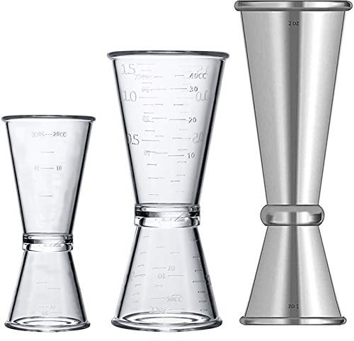Double Clear Plastic and Stainless Steel Japanese Style Jigger, Set of 3, Cocktail Measuring Shot Glasses Drink Spirit Measure Cup for Bar Party Kitchen Tool