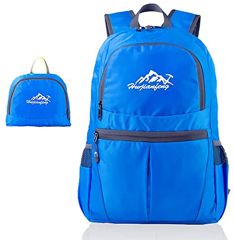 INTIRILIFE Faltbarer Rucksack Ultraleicht in Azurblau - 20 x 21 cm / 30.8 x 21.8 x 42 cm - Unisex Wanderrucksack Wasserdicht - 36L - Outdoor Daypack für Camping, Wandern, Reisen, Klettern, UVM.