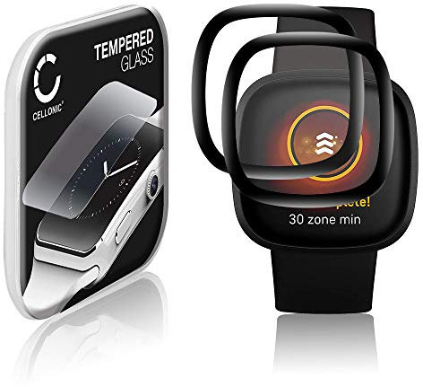CELLONIC 2x 9H Display Schutzglas für FitBit Versa 3 / Sense Smartwatch, 3D Full Cover Full Glue Screen Protector Glass, Fitness Tracker Displayschutz Glas schwarz Schutzfolie