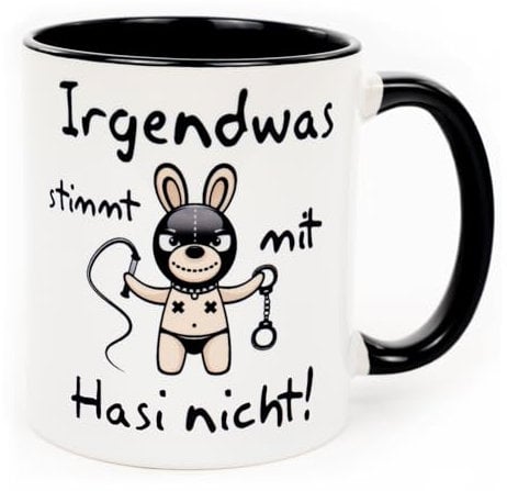 Irgendwas stimmt mit Hasi nicht SM Kaffee Tasse Becher Hase Osterdeko Zubehör Artikel SadoMaso Geschenk Lustig Ostern Idee Witzig Spruch Ostergeschenk Handwerker Büro Arbeit Paare Keramik 330 ml