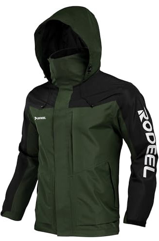 Rodeel Giacca impermeabile e antivento da uomo, giacca a vento con cappuccio pieghevole, per campeggio, escursionismo, caccia, pesca, 4. Verde militare, XL