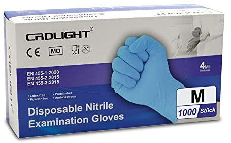 CRDLIGHT Nitrilhandschuhe 1000 Stück Blau EN 455 Puder frei Einweghandschuhe Nitril Handschuhe Einmalhandschuhe 10 Karton a 100 Stück Größe M Untersuchungshandschuhe