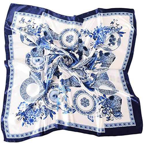 EIysee 35 x 35 Women's Fashion Pattern Large Square Silk Like Hair Scarf Head Sleeping Wrap Satin Neck Bandana for Gift (Blue and white porcelain-navy blue)