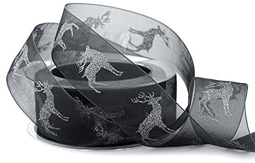 20 m x 40 mm Chiffonband HIRSCH Schwarz Silber Geschenkband glänzend Dekoband transparent Chiffon Schleifenband Stoffband Deko Geschenkverpackung Glitzer Band Herbst Winter Weihnachten Advent