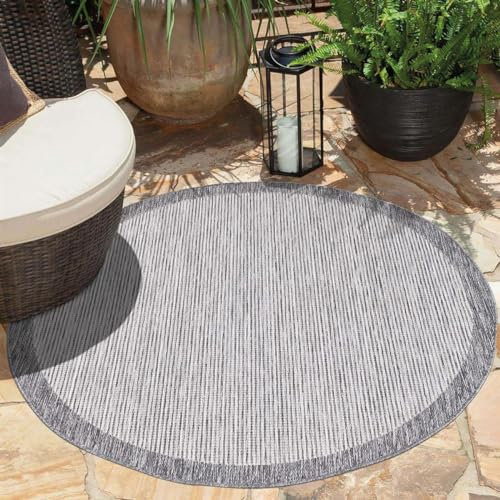carpet city Teppich Outdoor Wetterfest - Grau - 120x120 cm Rund - Bordüre - Balkon Teppich Wasserabweisend - In-& Outdoor Teppiche für Terrasse, Garten, Küche, Bad oder Wohnzimmer