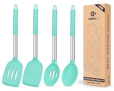 Pack of 4 Silicone Cooking Utensils Set, Non Stick Large Solid Spatulas, Heat Resistant Blue Slotted Spoons, Ideal BPA Free Kitchen Turners for Frying, Mixing,Serving,Draining,Turning,Stirring