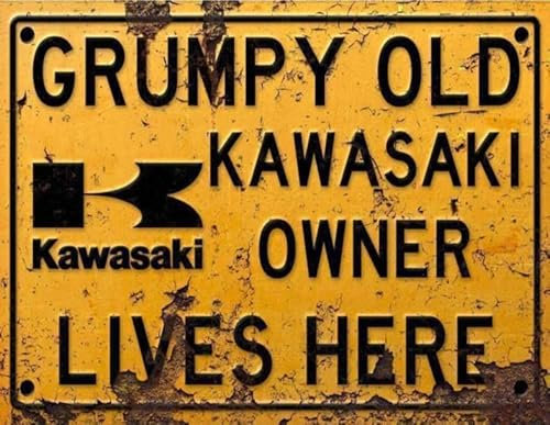 BigBazza Vintage Rustic Advertising Retro Wall Tin Plaque 20x15cm - Pub Shed Bar Man Cave Home Garage Kitchen Gift Metal Sign - Grumpy Old inspired KAWASAKI Owner Lives Here, yellow
