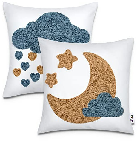 Paco Home 2er Set Kissenbezug 45x45 Kissen Kissenhülle Kopfkissenbezug Kinderzimmer Mädchen Junge Kids Deko Mond Wolke Babyzimmer