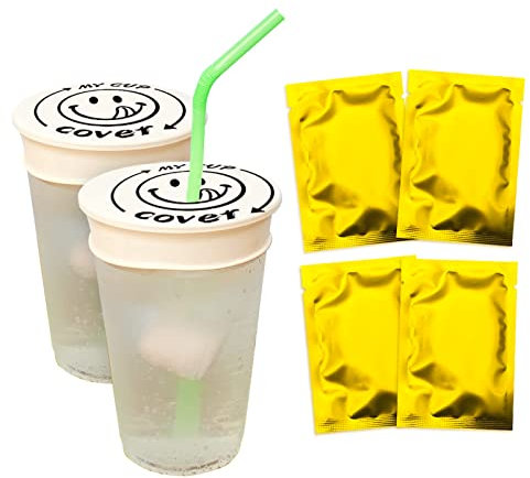 Kireida Lot de 4 couvercles anti-renversement pour boissons, avec trou pour paille, pour fêtes et festivals, réutilisables, faciles à nettoyer (visage smiley)