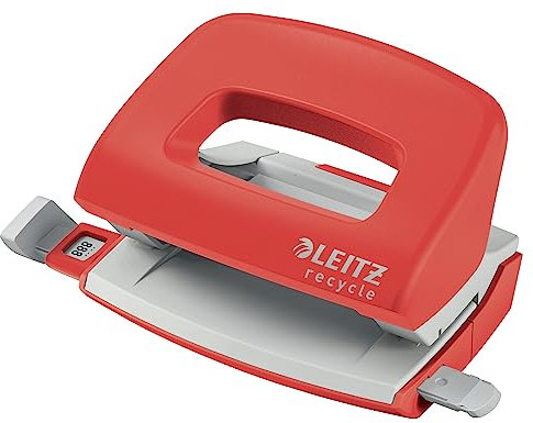 Leitz NeXXt Recycle Mini-Locher, 10 Blattlocher A4, kleiner Papierlocher für Büro & Schule, 100 Prozent recyclebar, umweltfreundlich, Recycle-Sortiment, Rot, 50100025