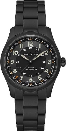 Hamilton Armbanduhr Khaki Field Titanium Auto | Swiss Made | 38 mm Titangehäuse | schwarzes Zifferblatt Analoguhr | schwarzes PVD-Titan-Armband (Modell: H70215130), Schwarz, Armband