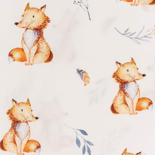 SCHÖNER LEBEN. Baumwollstoff Popeline Digitaldruck Fuchs Blätter weiß orange 1,50m