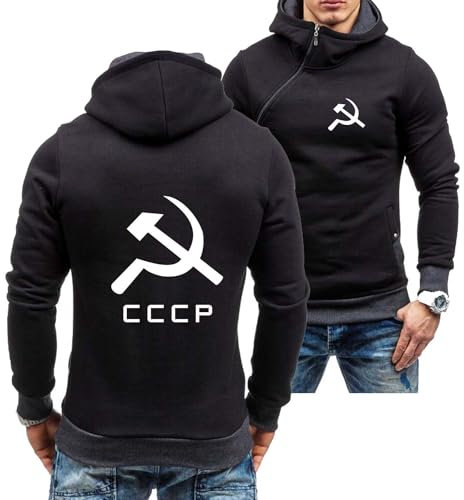Seroni Herren-Kapuzenpullover Mit Diagonalem Reißverschluss Für CCCP Farbblock-Jacken Langarm-Sweatshirt Mit Taschen Mänteln Pullover Activewear-Druck Outwear-Black Gray||XL