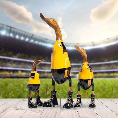 DomDeco Handgefertigte Deko-Figur aus Holz Ente Fussballer, gelb L