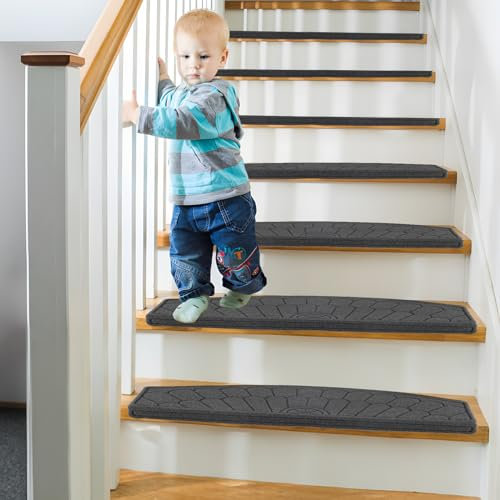 Weigudoc Alfombrillas para Escalera 65 x 24 cm, 15 Piezas Antideslizantes Alfombra de Escaleras, Peldaños de Escalera Autoadhesiva para Niños Ancianos y Mascotas, Semicirculares (Gris)