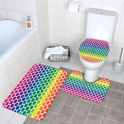 SOYDAN Dreiteiliges,Badezimmer Badematte Anti-Rutsch Badematte Set Waschbar Geruchlos Badematte Set, Regenbogen-Punkt-Hintergrund
