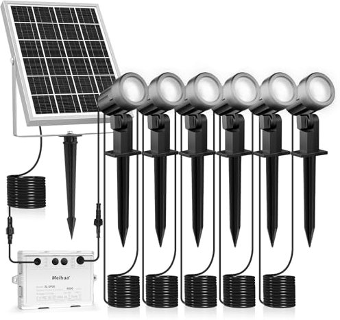 MEIHUA Spot Solaire Exterieur Lot de 6 2700K Blanc Chaud Lampe Solaire 6000mAh IP66 Étanche 3 Luminosité 3 Modes Lumière Exterieur pour Jardins, Arbres, Chemins, Terrasse