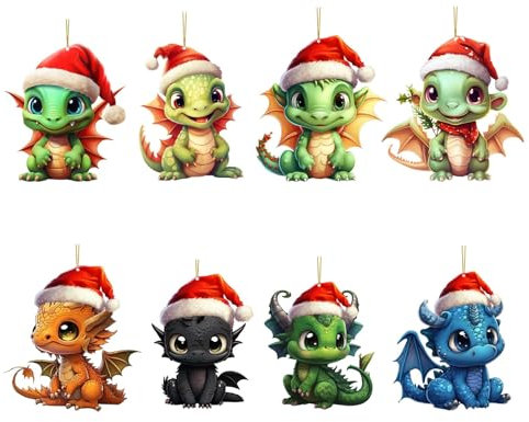 6PCS Drachen Weihnachtsdeko Anhänger, 2D Acryl Drachen Weihnachten Deko, Lustig Drachen Hängende Weihnachtsschmuck Zubehör Acryl Drachen Auto Anhänger Christbaumschmuck (A-016, One Size)
