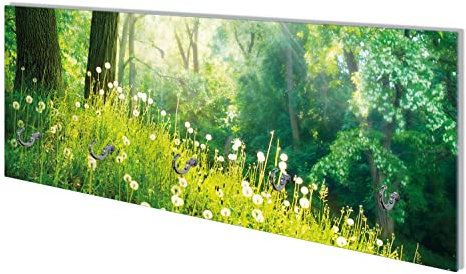 Wallario Wandgarderobe aus Glas in Größe 80 x 30 cm mit Memoboard-Funktion, Motiv: Pusteblumen im Wald mit einfallenden Sonnenstrahlen | 5 Kleiderhaken zum Aufhängen von Jacken