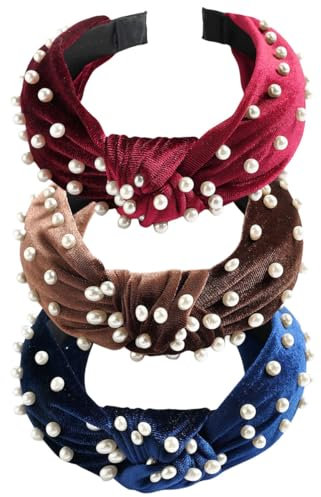 scicent Samt Haarreif 3 Stück Knoten Stirnband Samt Haarreifen Elegant Haarband Perlenstirnband Haarschmuck Breit Vintage Haarreifen für Frauen, 3 Farben - 9830