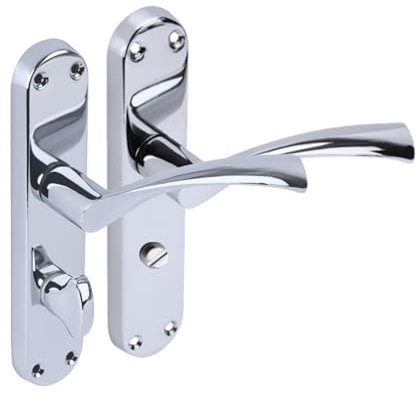 HANDLEZONE® 1 Pair of Lobo Polished Chrome Bathroom WC Toilet Door Handle Set on Long Backplate, for Internal Doors