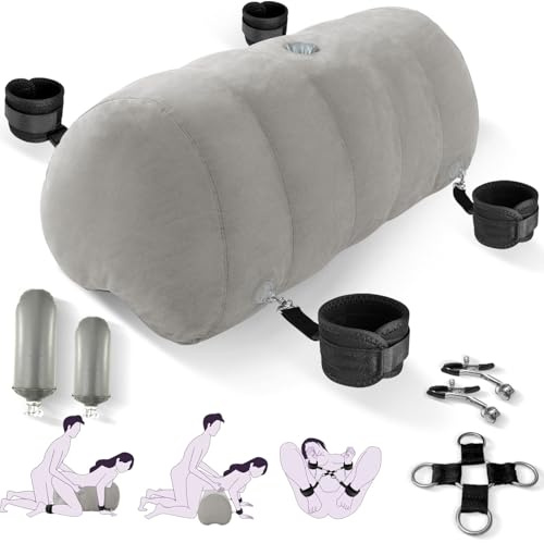 Sex Pillow Couples Sex Toys, Heart Shaped Inflatable Cushion Furniture for Bedroom Dildo Mount, Upsize Pillow with Bondage Cuffs, Cross Strap, Nipple Clamps BDSM Kit